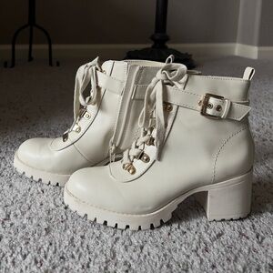 Women's Cream Lace-Up Block Heel Ankle Boots with Buckle